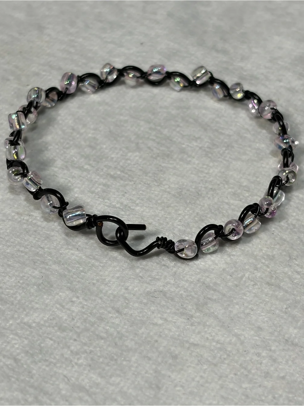 Black Artistic Wire Bracelet with Iridescent Clear Beads